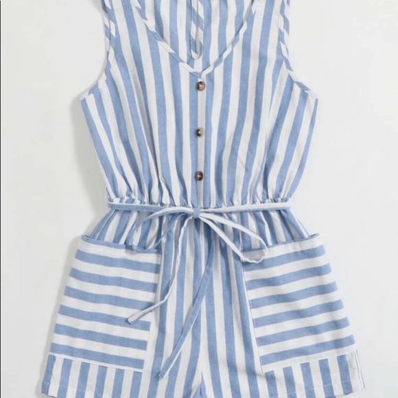 Blue/White Striped Button Front Romper - Picture 4 of 5